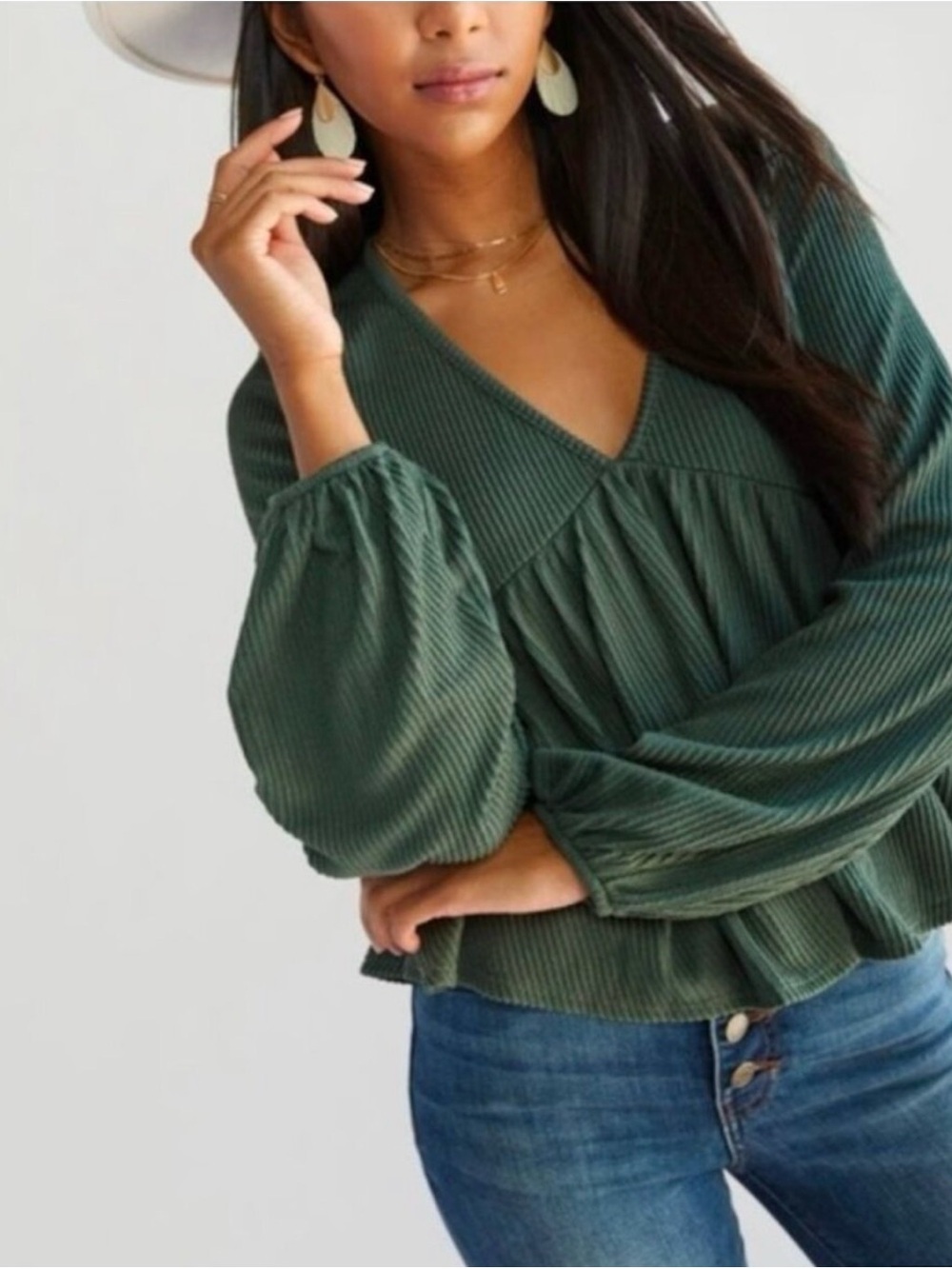 Francesca’s Alya V-Neck ribbed babydoll long sleeve Blouse - Green size S NWT